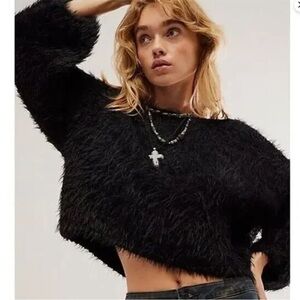 Free People Fuzzy Pop Star Sweater Black NWT XL
